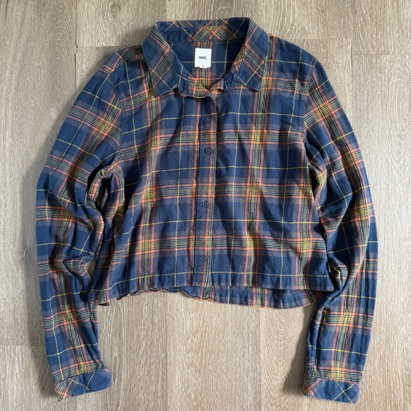 Vans Tops - Vans Flannel Shirt Womens XL Navy Blue Orange Plaid Cropped Long Sleeve